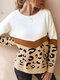 Leopard Printed Color Block Patchwork O-neck Long Sleeve Sweater - Khaki