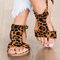 Large Size Women Comfy Leopard Open Toe Buckle T Strap Flat Sandals - Leopard
