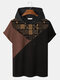 Mens Ethnic Patchwork Short Sleeve Hooded Drawstring T-shirts - Coffee