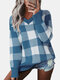 Plaid Print V-neck Long Sleeves Casual Sweater for Women - Blue
