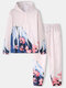 Mens Floral Mountain Scenery Print Drawstring Hoodies Two Pieces Outfits - Pink