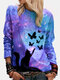 Cartoon Cat Print Long Sleeves O-neck Casual Sweatshirt For Women - Blue