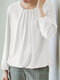 Blusa feminina sólida plissada com gola elástica e manga comprida - Branco