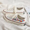 Women Embroidery Rainbow Breathable Canvas Low Top Casual Flat Skate Shoes - White