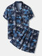 Mens Allover Coconut Tree Print Revere Collar Vacation Two Pieces Outfits - Dark Blue
