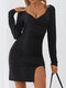 Solid Color V-neck Backless Slit Hem Sexy Dress For Women - Black