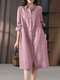 Однотонная пуговица кармана с длинным рукавом Винтаж Рубашка Платье - Розовый