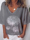 Flower Printed Short Sleeve V-neck T-shirt for Women - Grey