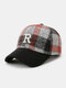 Men Woolen Cloth R Letter Embroidery Color-match Lattice Stitching British Sunshade Warmth Baseball Cap - Black+Gray+Red