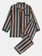 Mens Vertical Stripe Cardigan Button Faux Silk Satin Pajamas Sets With Pocket - Gray