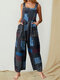 Printed Patchwork Square Collar Front Pockets Sleeveless Jumpsuits - Wine Red