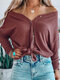 Solid Button Long Sleeve V-neck Cardigan for Women - Wine Red