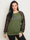 Plus Size Crew Neck Letter Patchwork Design Long Sleeves Tee - Green