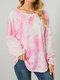 Tie Dye Stitch Hollow Out Patchwork Long Sleeve O-neck Blouse - Pink
