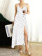 Chiffon Polka Dot Spaghetti Straps Plus Size Split Dress - White