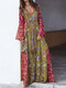 Bohemian Floral Print V-neck Belted Plus Size Maxi Dress - As Picture