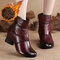 Women Retro Soft Comfy Leather Warm Lining Chunky Heel Zipper Boots - Red