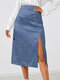 Solid Color Plain Satin Slit Casual Skirt for Women - Navy