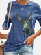 Cartoon Donkey Long Sleeve O-neck Casual Blouse For Women - Blue