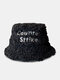 Unisex Lamb Plush Color Contrast Letter Embroidery Argyle Suture All-match Warmth Bucket Hat - Black