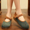 Women Comfy Straw Edged Big Round Toe Buckle Flat Shoes - Green