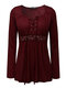Women V-Neck Lace-up Floral Peplum Long Sleeve Shirts - Wine Red