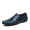 Men Stitching Plaid Low Top Comfy Sole Slip On Leather Shoes - Blue
