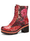 Socofy Retro Floral Print Leather Patchwork Side-zip Comfy Warm Lining Chunky Heel Short Boots - Red