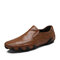 Men Stitching Plaid Low Top Comfy Sole Slip On Leather Shoes - Red Brown