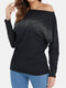 One-shoulder Paste Drill Bat Sleeve Knit Shirt - Black
