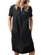 Pocket Solid Color V-neck Button Short Sleeve Plus Size Dress - Black