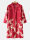 Plus Size Women Crane Pattern Ethnic Style Faux Silk Long Sleeve Home Robes - Red