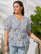 Lemons Plaid Print Short Sleeve V-neck Knotted Waist Plus Size Blouse - Navy