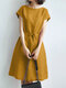 Solid Pocket Short Sleeve Crew Neck Dress With Belt - Yellow