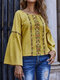 Floral Pattern Bell Long Sleeve Crew Neck Blouse - Yellow