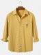 Mens Cotton Embroidery Plain Casual Long Sleeve Shirts With Pocket - Yellow