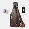 Men PU Leather USB Charging Waterproof Earphone Hole Business Crossbody Bag Chest Bag Sling Bag - Brown 3