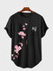 تي شيرت رجالي بأكمام قصيرة وطبعة أزهار الكرز اليابانية ورقبة دائرية وحاشية منحنية - أسود