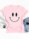 Casual Cartoon Smile Printed Short Sleeve O-neck T-Shirt For Women - Pink