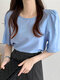 Blusa lisa con manga farol Cuello para Mujer - azul