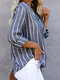 Loose V-neck Stripe Print Long Sleeve Blouse For Women - Blue