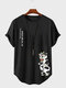 Kurzärmelige Herren-T-Shirts mit süßem japanischen Katze-Aufdruck und gebogenem Saum - Schwarz