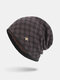 Men Knitted Plus Velvet Lattice Jacquard Letter Iron Label Brimless Beanie Hat - Coffee