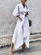 Tie Waist Solid Color Irregular Short Sleeve Dress For Women - White