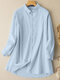 Solid Long Sleeve Lapel Button Front Shirt - Blue