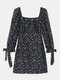 Women Floral Print Square Collar Knotted Half Sleeve Mini Dress - Black