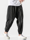 Mens 100% Cotton Striped Print Casual Loose Elastic Mid Waist Jogger Pants - Black