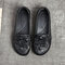 Genuine Leather Flower Retro Slip On Vintage Flat Loafers - Black
