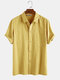 Mens 100% Cotton Solid Color Chest Pocket Patchwork Casual Short Sleeve Shirt - Yellow