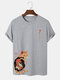 Mens Japanese Cat & Fish Print Crew Neck Short Sleeve T-Shirts - Gray
